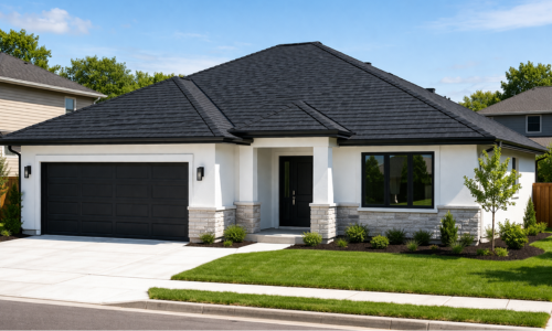 White stucco single-story house with black roof, black garage door, and landscaped front yard