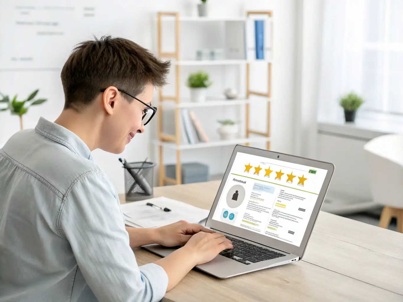 A professional team member responding to online reviews on a laptop, with a visible reputation score improving, in a workspace with clean branding elements.
