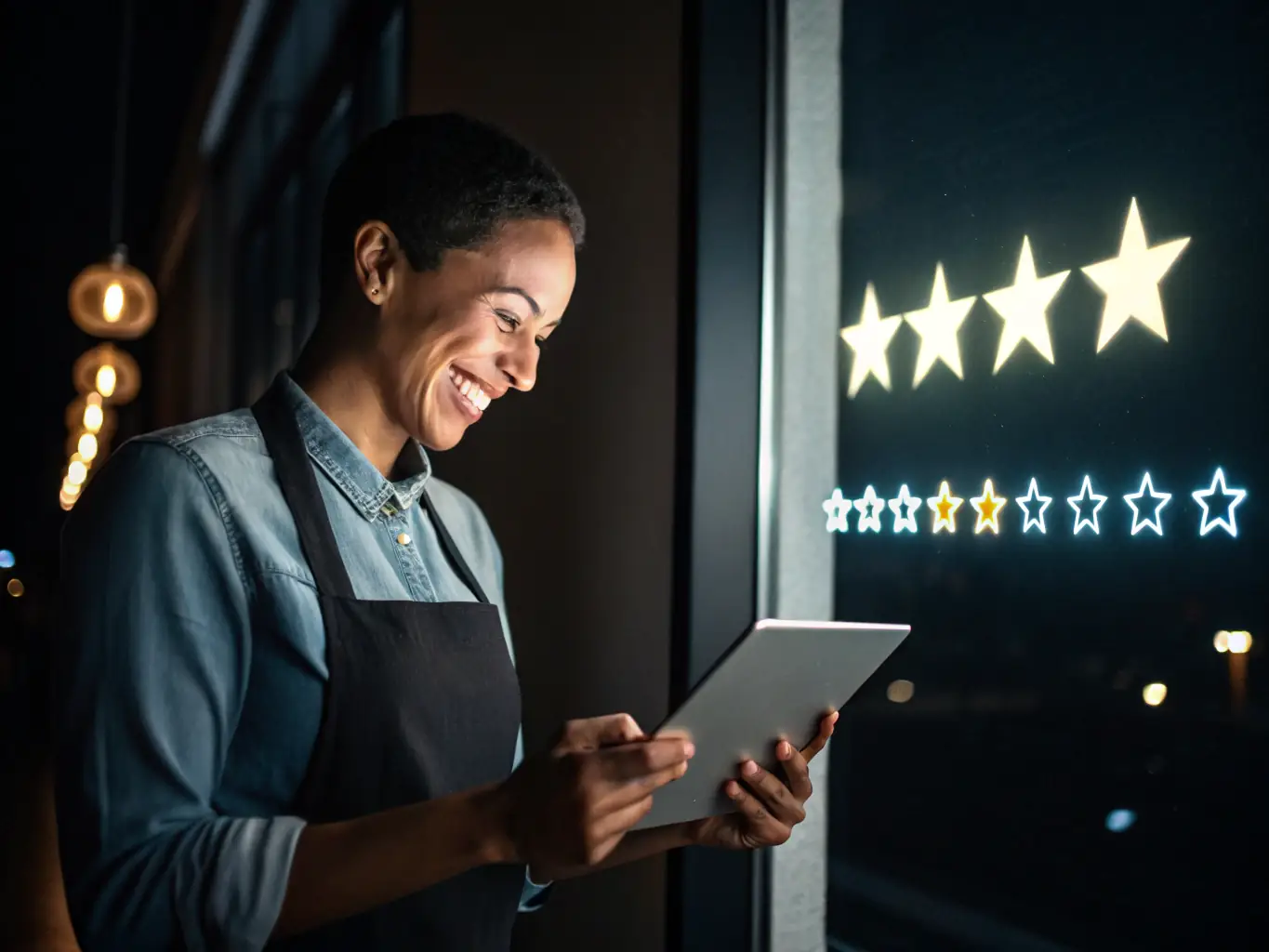 A business owner viewing a mobile phone with a new five-star review notification, set in a bright office environment, reflecting satisfaction and professionalism.